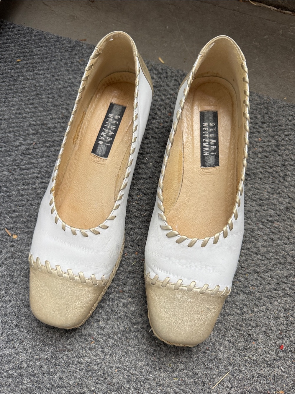 Stuart Weitzman White and Cream Leather Whipstitch Flats